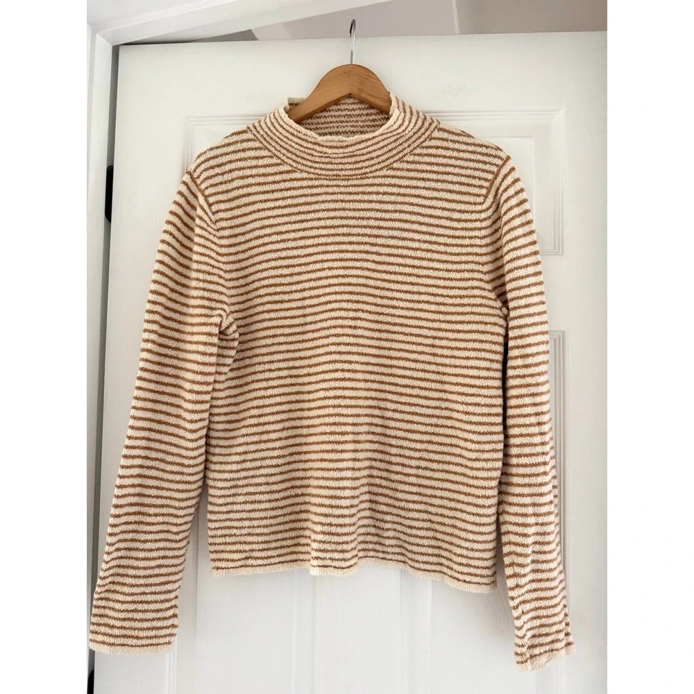 J. Crew Womens Mockneck Terry Cloth Striped Neutral Sweater Cozy Casual Coastal